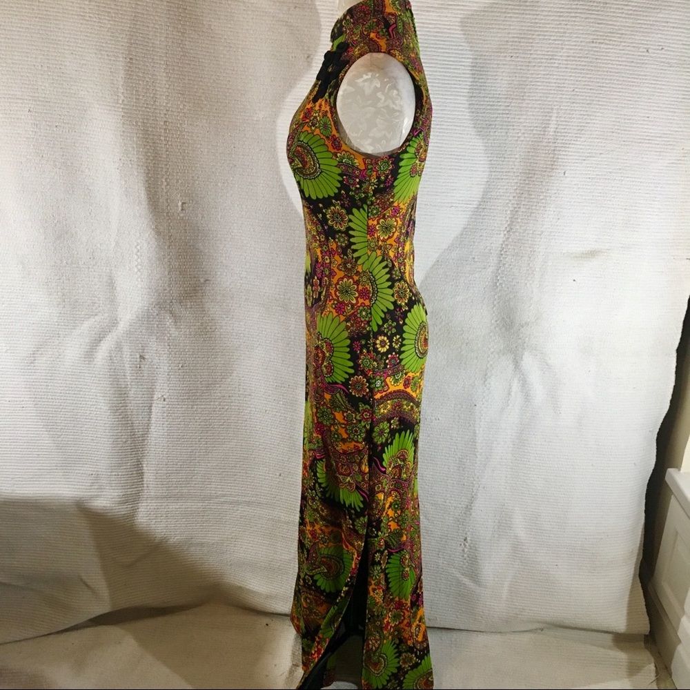 Vintage 60s 70s Paisley Print Neon Long Maxi Dress - Picture 6 of 8